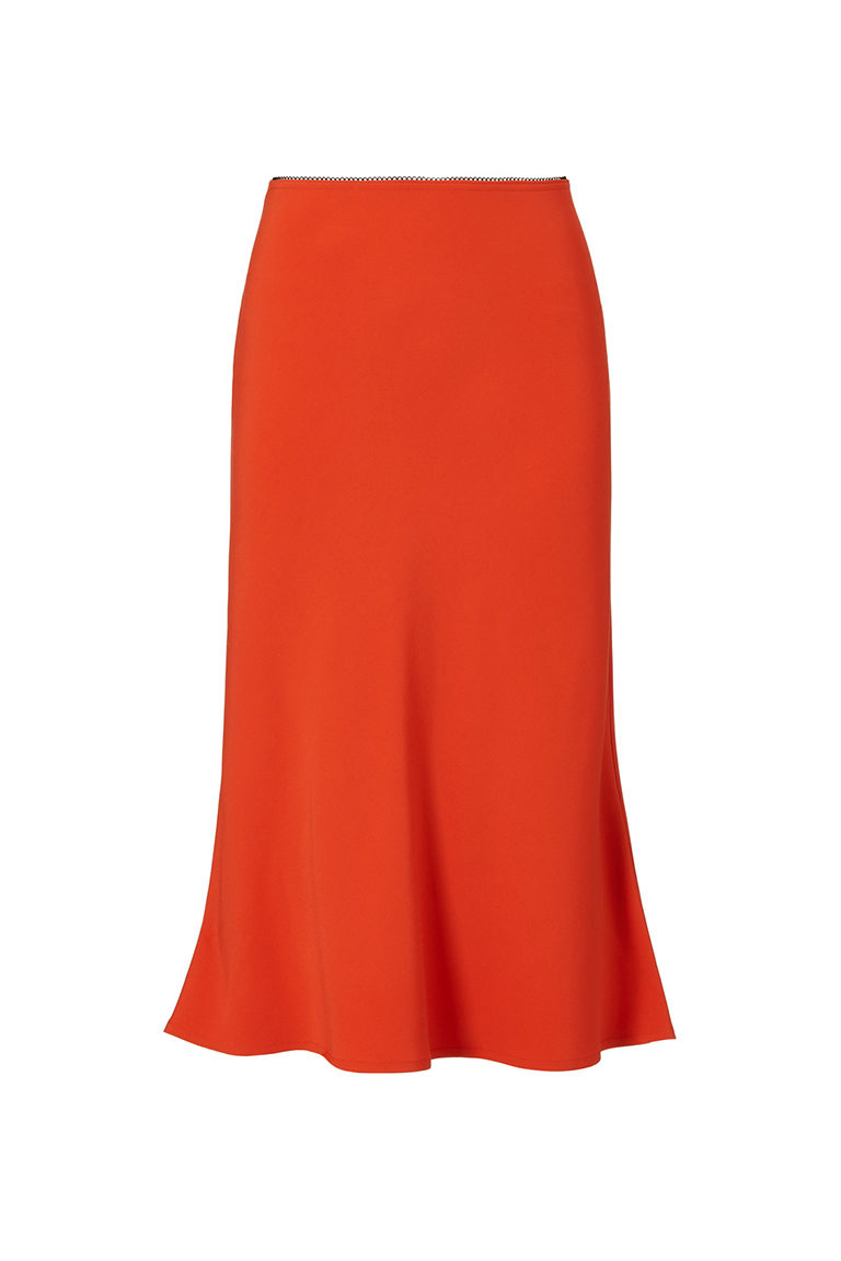 orange silk midi skirt